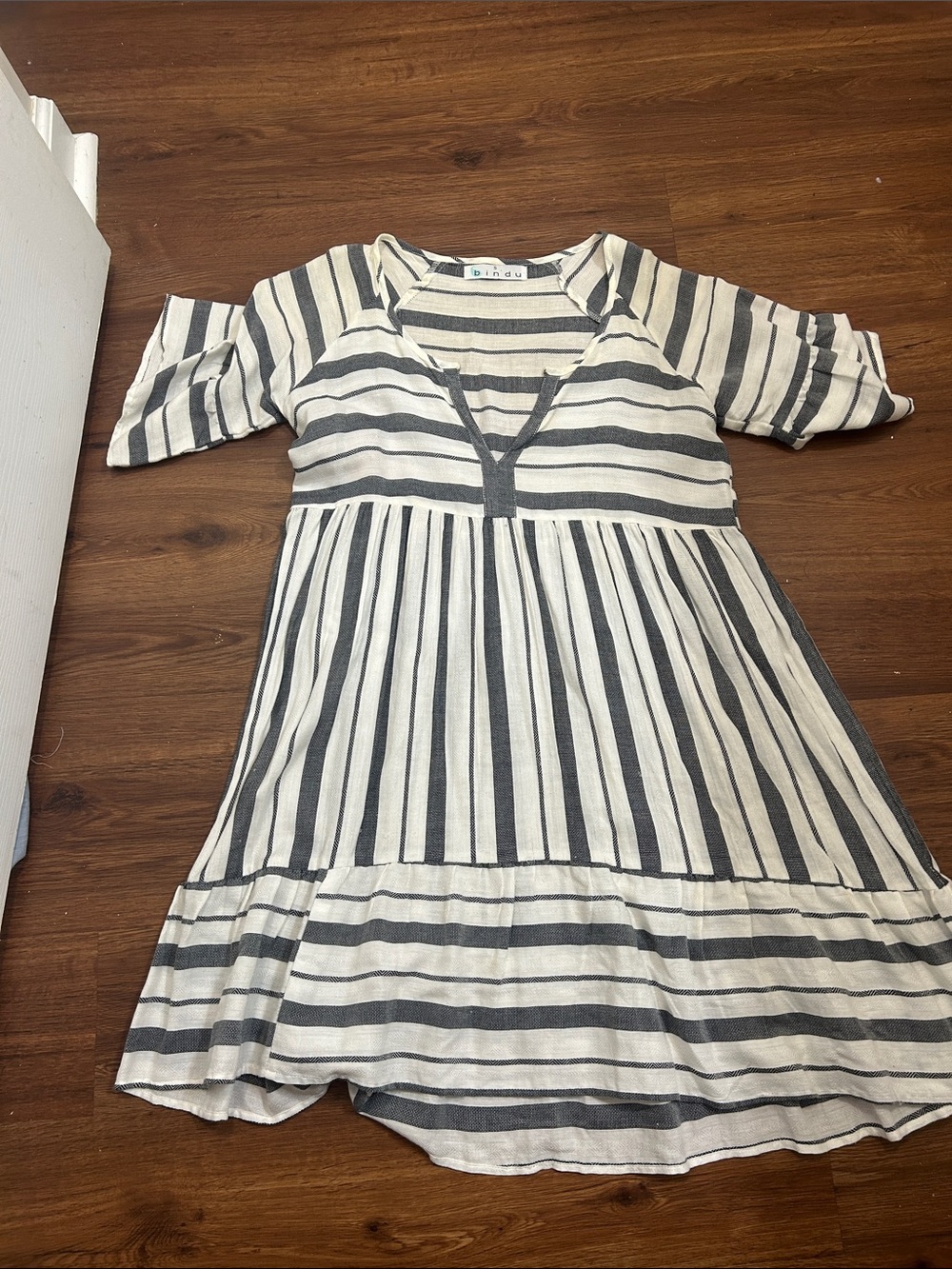 Casual Striped Mini Dress in Black & Cream - Soft V-Neck
